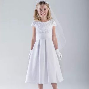 Girls Cap Sleeve Satin Communion Dress with Box Pleat Skirt Size 10